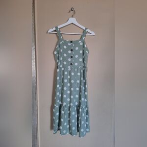 Monteau Green Linen Blend Polka Dot Sun Dress Cottage Cottagecore Fairy Sweet